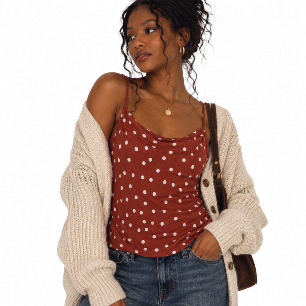 Elodie Cowl Neck Polka Dot Cami Top Terracotta Boho Keyhole Back Size S